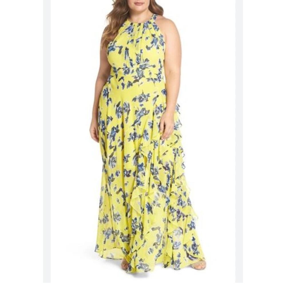Eliza J Yellow Floral Chiffon Halter Ruffle Tiered Maxi Dress Womens Plus Sz 24W